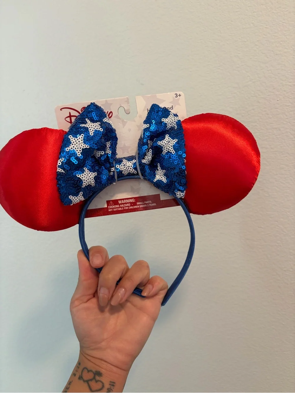 New Disney Red Satin Ears with Blue Star Sequin Bow Headband